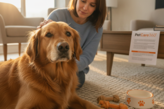 Golden retriever and caregiver in a cozy Toronto home with clear PetCare360 branding document, ultra-sharp focus.