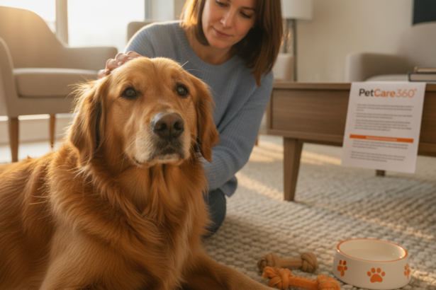 Golden retriever and caregiver in a cozy Toronto home with clear PetCare360 branding document, ultra-sharp focus.