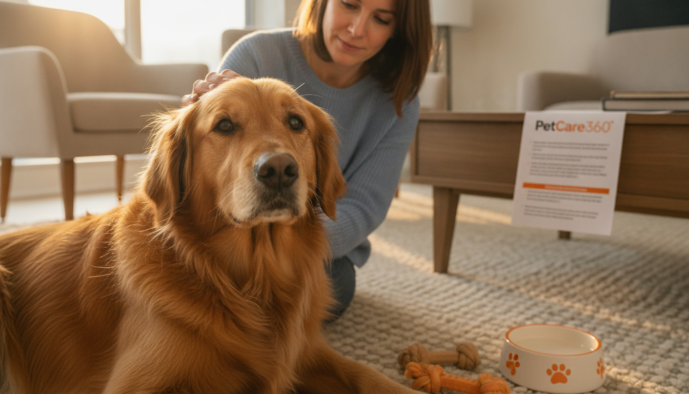 Golden retriever and caregiver in a cozy Toronto home with clear PetCare360 branding document, ultra-sharp focus.