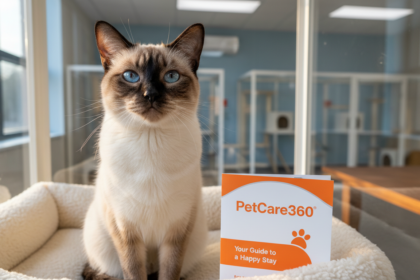 Siamese cat Luna at a modern Toronto boarding facility with clear PetCare360 branding on guide.