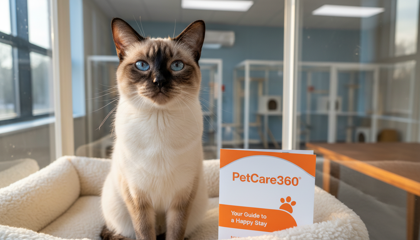 Siamese cat Luna at a modern Toronto boarding facility with clear PetCare360 branding on guide.