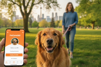 3-year-old golden retriever and attentive dog walker in Toronto park with clear orange and white PetCare360 app display.