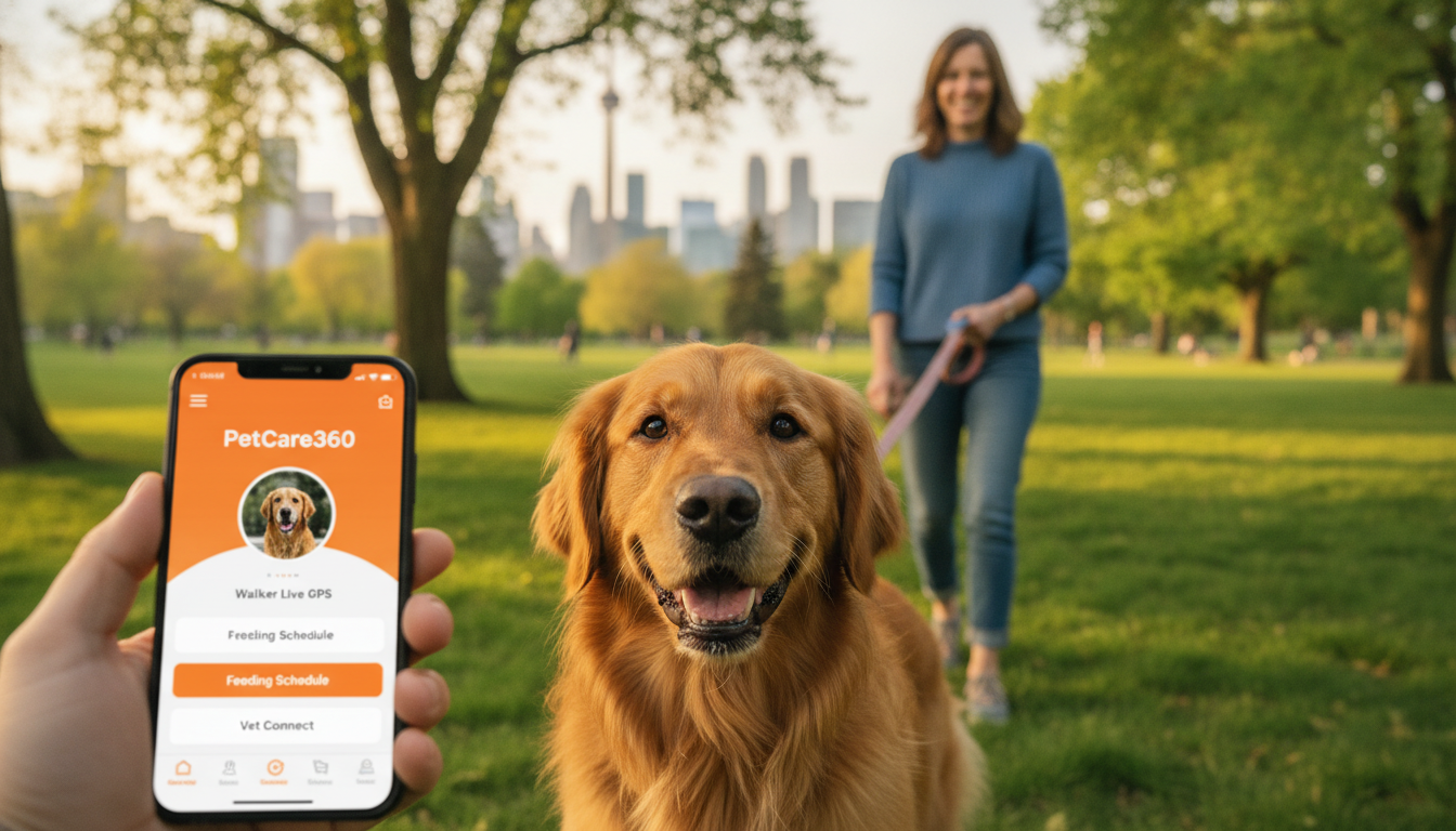 3-year-old golden retriever and attentive dog walker in Toronto park with clear orange and white PetCare360 app display.