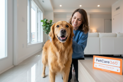 3-year-old golden retriever receiving a friendly midday check-in from a caregiver in a modern Toronto home with PetCare360 branding visible.