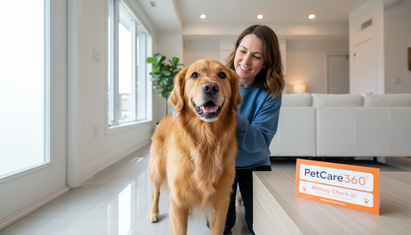 3-year-old golden retriever receiving a friendly midday check-in from a caregiver in a modern Toronto home with PetCare360 branding visible.