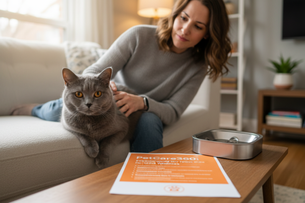 British Shorthair cat and caring house sitter in cozy Toronto living room with PetCare360 branding.