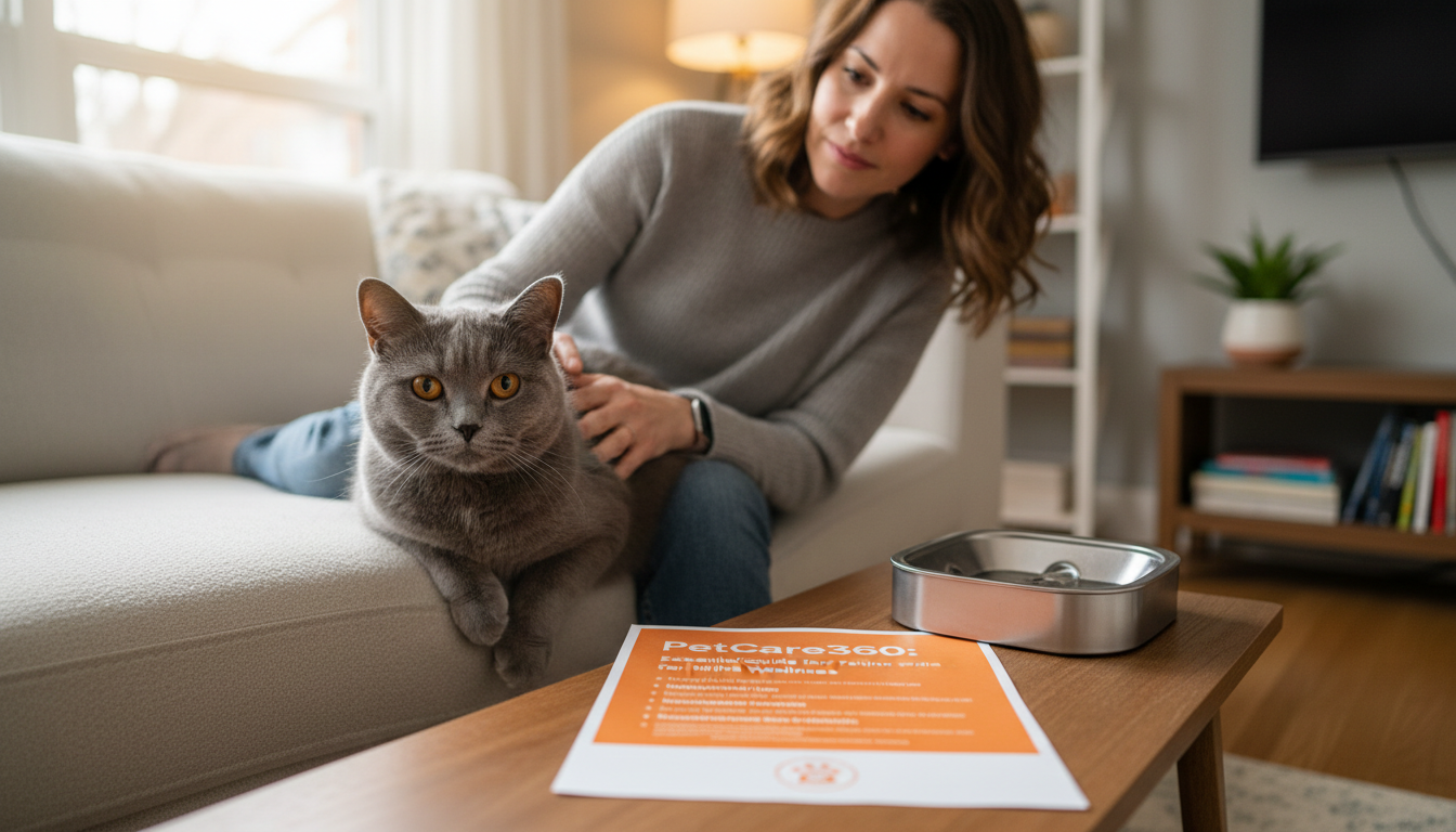 British Shorthair cat and caring house sitter in cozy Toronto living room with PetCare360 branding.