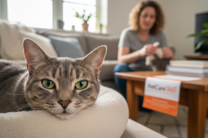 Domestic shorthair cat in a cozy home boarding setting with warm PetCare360 flyer visible.