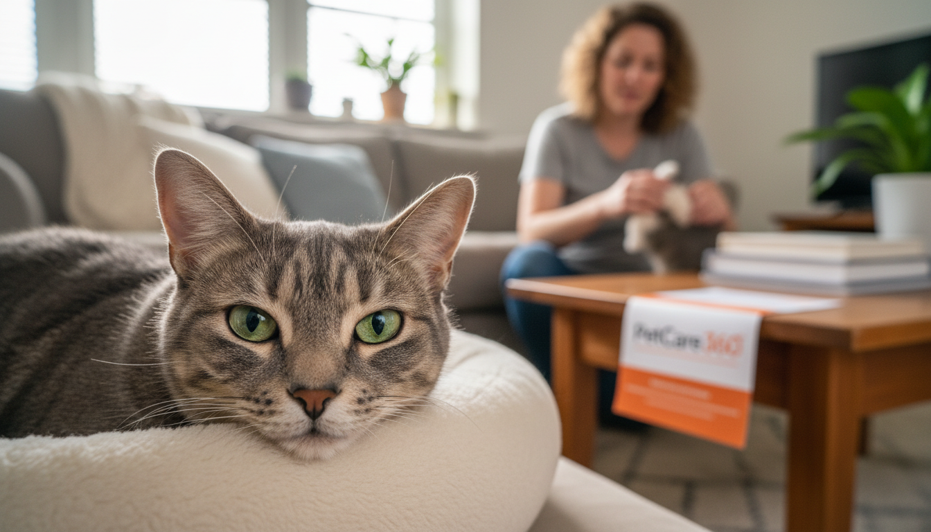 Domestic shorthair cat in a cozy home boarding setting with warm PetCare360 flyer visible.