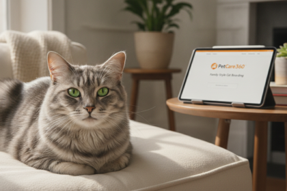3-year-old domestic shorthair cat Oliver in a cozy home with PetCare360 branding on a tablet, displaying cage free boarding.
