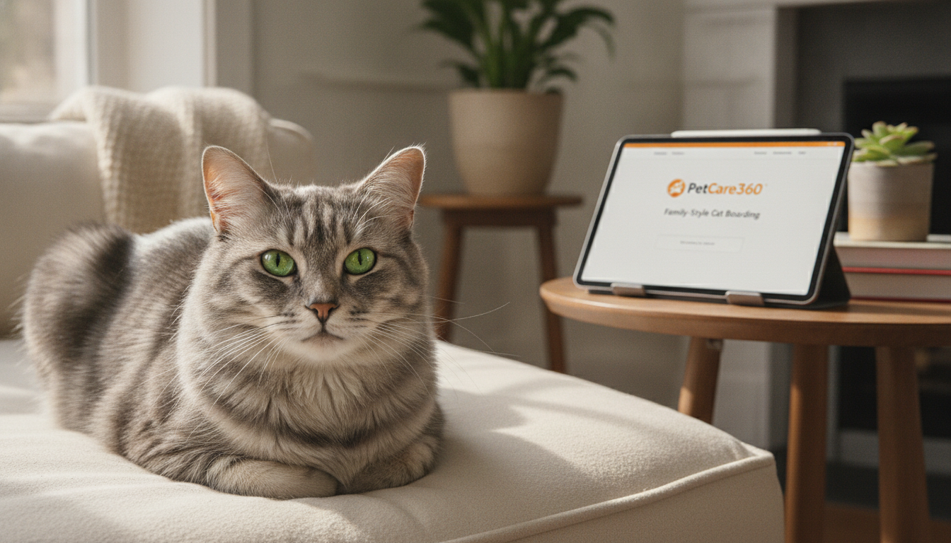 3-year-old domestic shorthair cat Oliver in a cozy home with PetCare360 branding on a tablet, displaying cage free boarding.