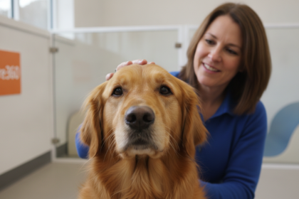 3-year-old golden retriever in secure dog boarding facility with caring sitter and sharp PetCare360 branding.