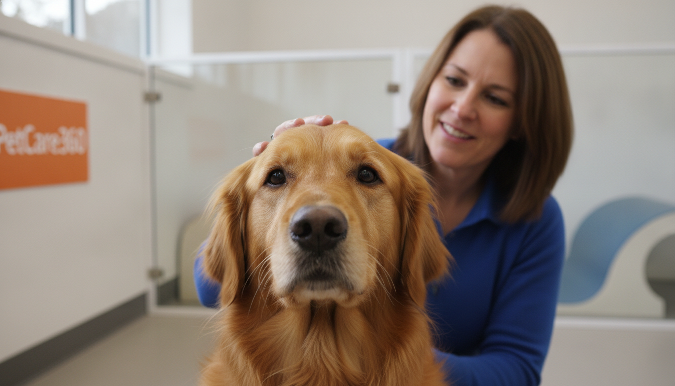 3-year-old golden retriever in secure dog boarding facility with caring sitter and sharp PetCare360 branding.