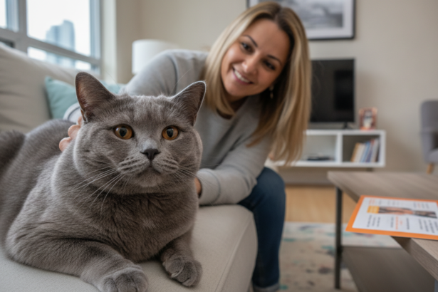 British Shorthair cat and caring sitter in a Toronto home with clear PetCare360 flyer.