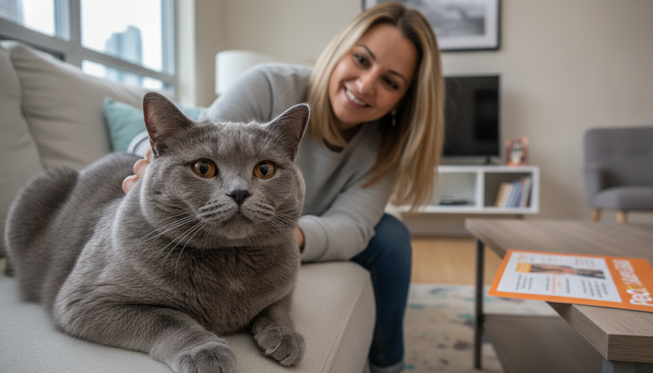 British Shorthair cat and caring sitter in a Toronto home with clear PetCare360 flyer.