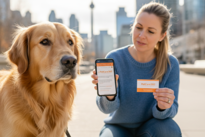 Golden retriever and professional dog walker on Toronto urban sidewalk with PetCare360 smartphone display visible.