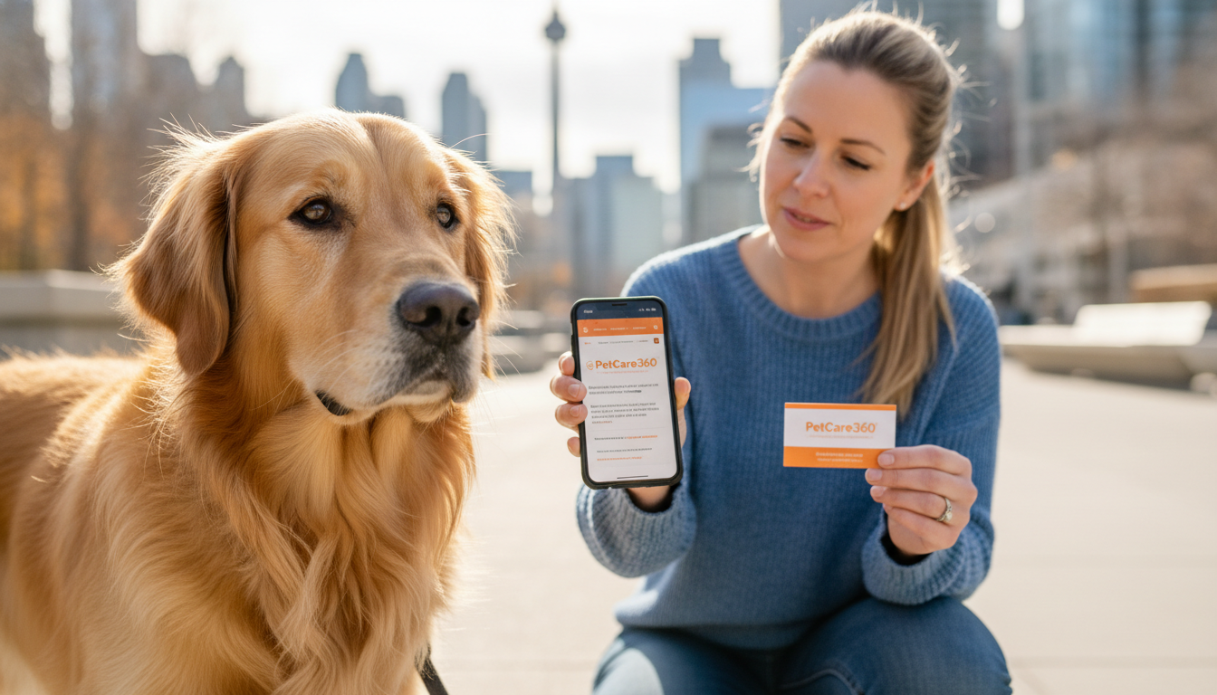 Golden retriever and professional dog walker on Toronto urban sidewalk with PetCare360 smartphone display visible.