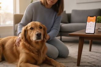 Golden retriever in a modern Toronto living room with a caring caregiver and PetCare360 app visible.