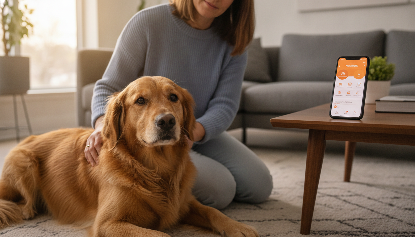 Golden retriever in a modern Toronto living room with a caring caregiver and PetCare360 app visible.