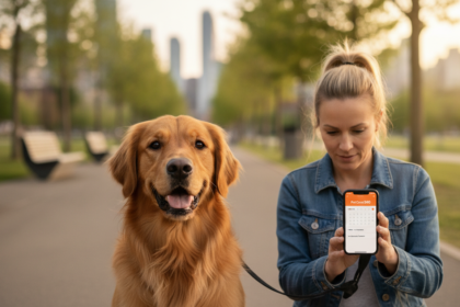 Toronto park scene with a golden retriever and owner viewing a PetCare360 schedule on a phone.