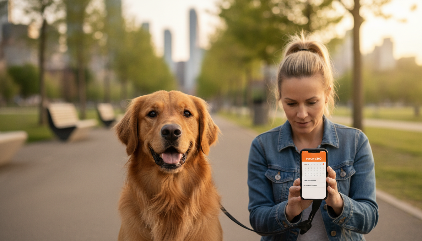 Toronto park scene with a golden retriever and owner viewing a PetCare360 schedule on a phone.