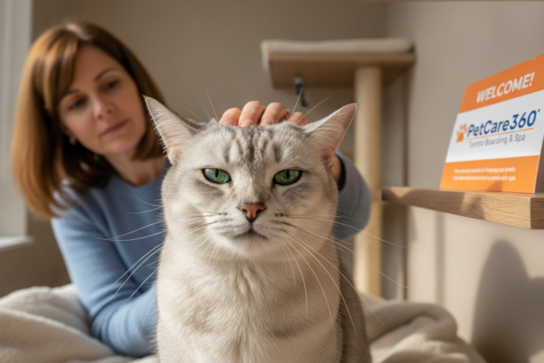 3-year-old domestic shorthair cat in a cozy boarding facility with caring human and clear PetCare360 branding.