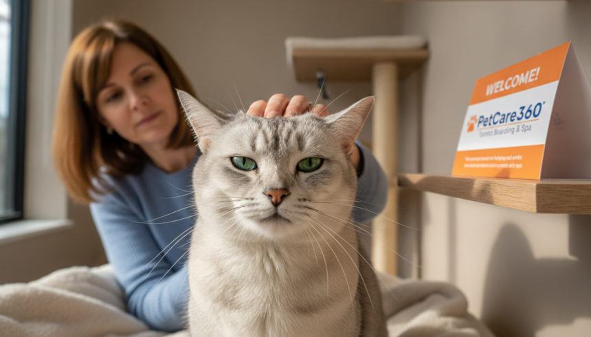 3-year-old domestic shorthair cat in a cozy boarding facility with caring human and clear PetCare360 branding.
