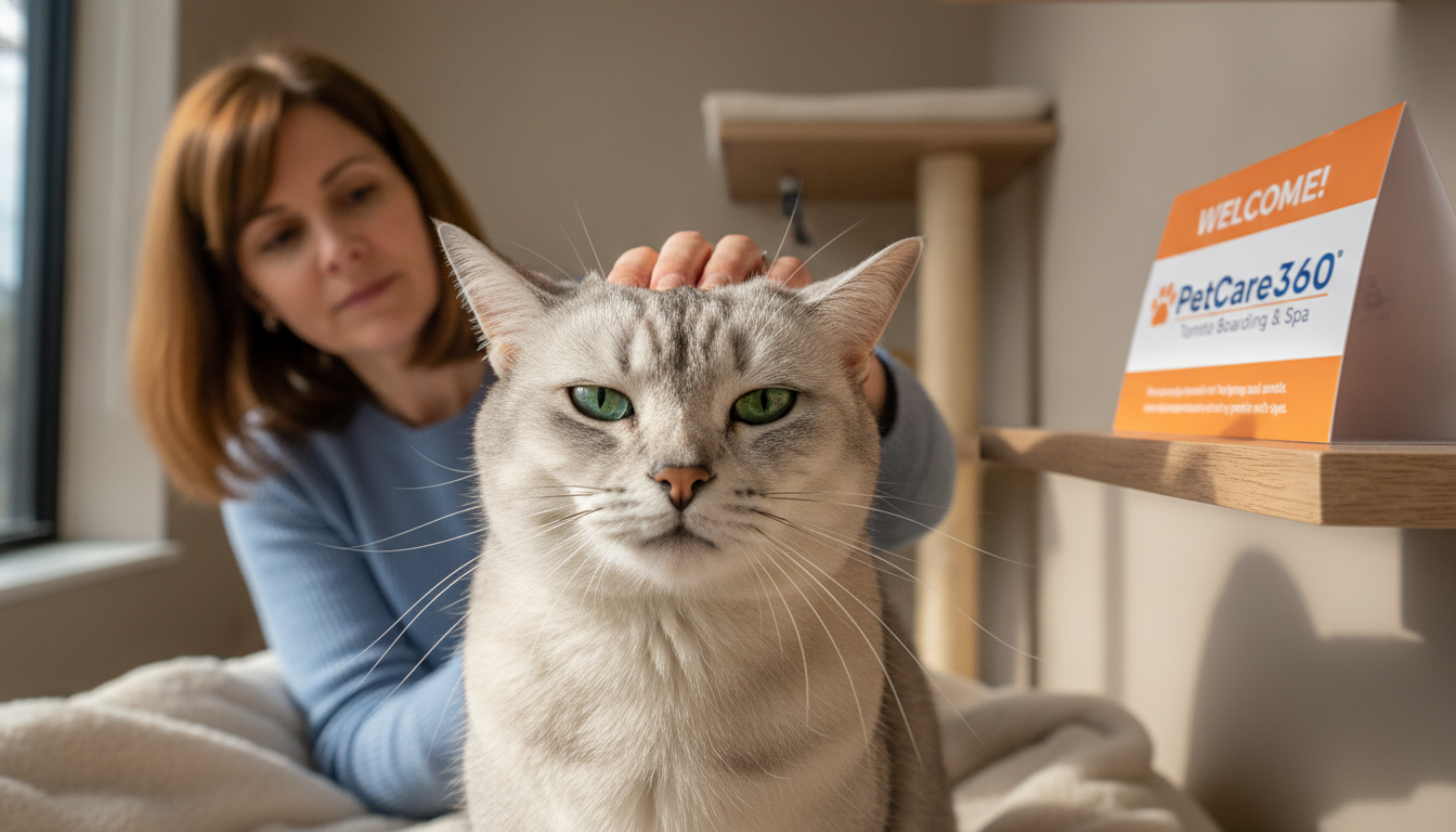 3-year-old domestic shorthair cat in a cozy boarding facility with caring human and clear PetCare360 branding.