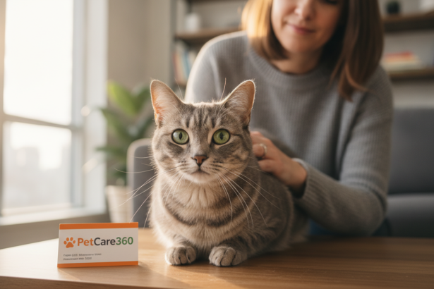 Luna, a sleek grey tabby cat, receives gentle daily care with clear PetCare360 branding in a modern Toronto living room.