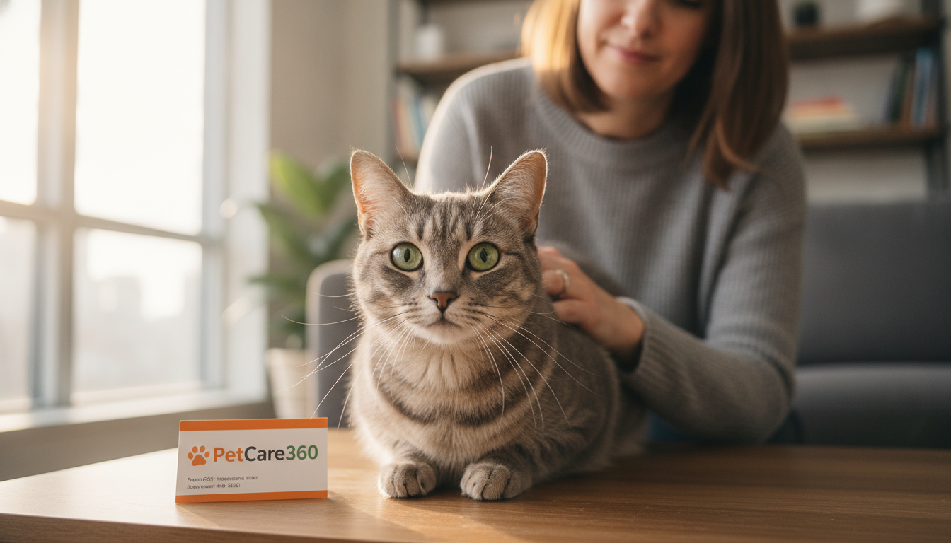 Luna, a sleek grey tabby cat, receives gentle daily care with clear PetCare360 branding in a modern Toronto living room.