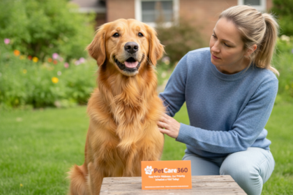 3-year-old golden retriever with caring pet sitter outdoors in Toronto with clear PetCare360 branding.