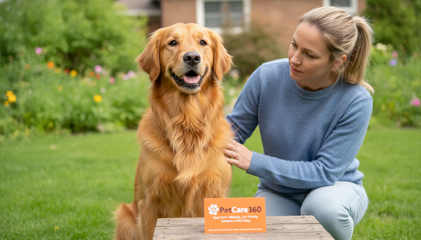 3-year-old golden retriever with caring pet sitter outdoors in Toronto with clear PetCare360 branding.