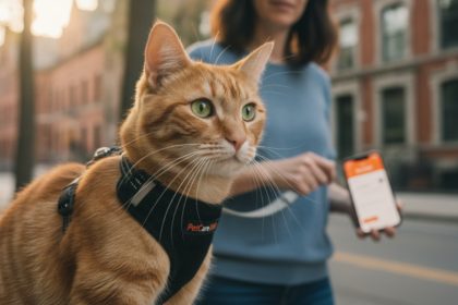 3-year-old orange tabby cat on a safe outdoor walk in Toronto with a local cat walker and PetCare360 branding.