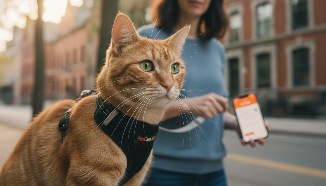 3-year-old orange tabby cat on a safe outdoor walk in Toronto with a local cat walker and PetCare360 branding.