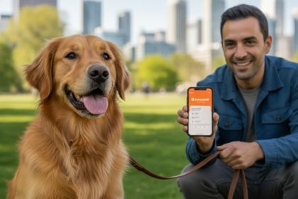 Golden retriever with a professional walker in a Toronto park with clear PetCare360 app branding visible