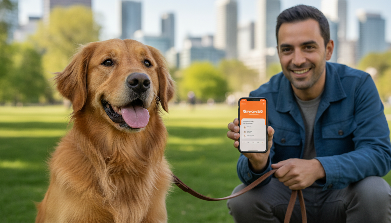 Golden retriever with a professional walker in a Toronto park with clear PetCare360 app branding visible