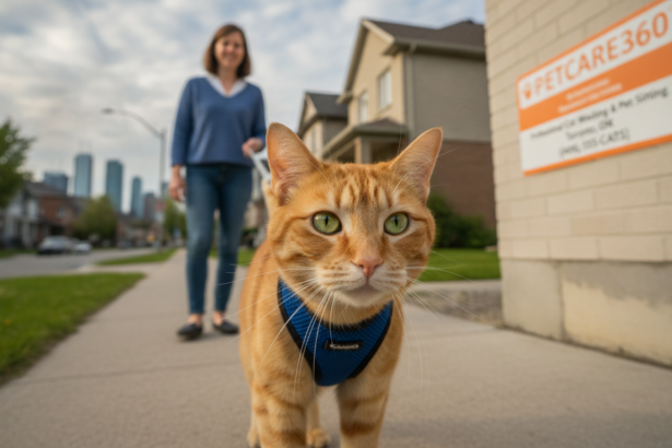 3-year-old orange tabby cat on a leash with a professional cat walker in urban Toronto, PetCare360 sign visible.