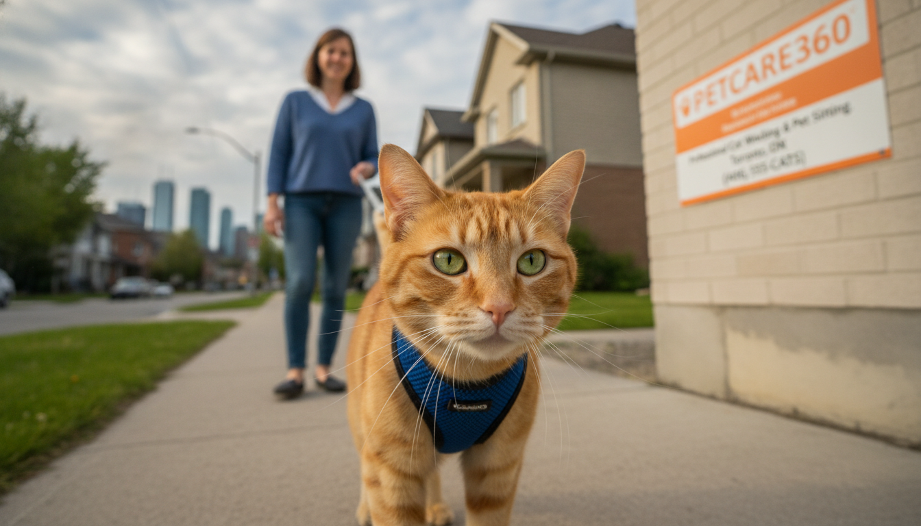 3-year-old orange tabby cat on a leash with a professional cat walker in urban Toronto, PetCare360 sign visible.