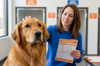 Golden retriever at a modern safe boarding facility with a caring staff and sharp PetCare360 branding.