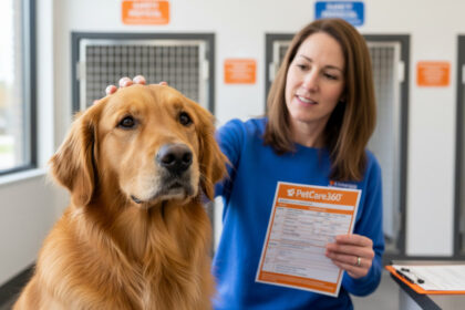 Golden retriever at a modern safe boarding facility with a caring staff and sharp PetCare360 branding.