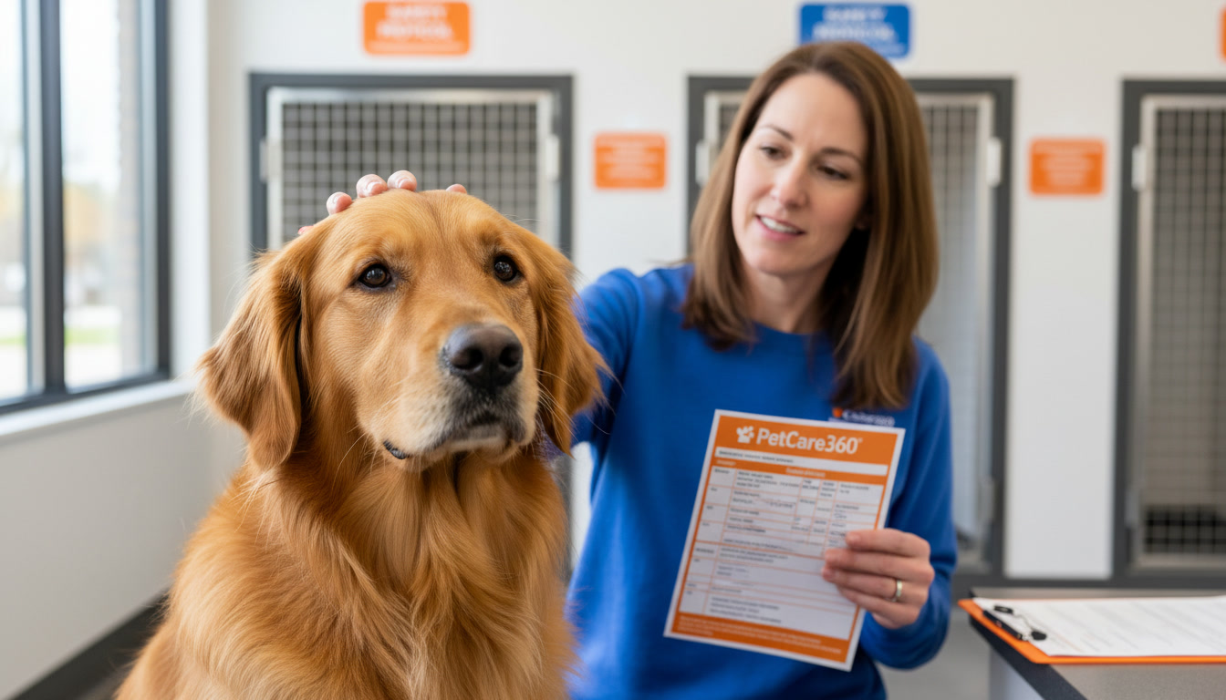 Golden retriever at a modern safe boarding facility with a caring staff and sharp PetCare360 branding.