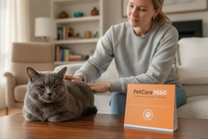 British Shorthair cat with amber eyes and live-in sitter in a cozy Toronto home featuring a clear PetCare360 brochure.