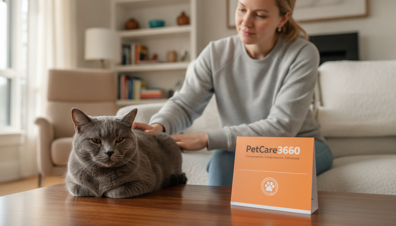 British Shorthair cat with amber eyes and live-in sitter in a cozy Toronto home featuring a clear PetCare360 brochure.
