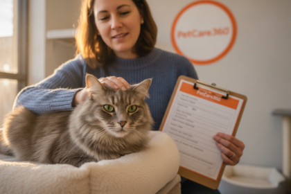 3-year-old grey domestic shorthair cat being gently petted by a caring woman in a modern overnight boarding facility with clear PetCare360 branding.