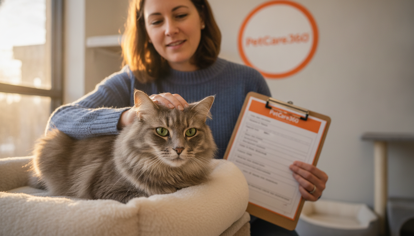 3-year-old grey domestic shorthair cat being gently petted by a caring woman in a modern overnight boarding facility with clear PetCare360 branding.
