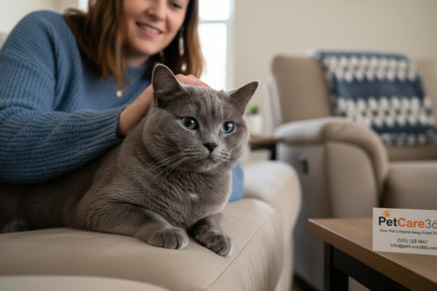 British Shorthair cat with blue eyes enjoying a cozy home boarding setting with PetCare360 branding visible.