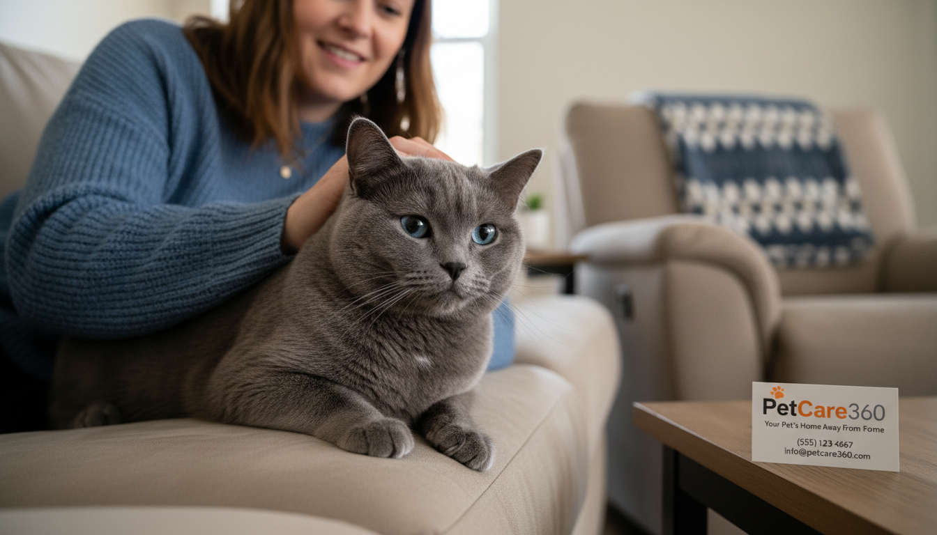 British Shorthair cat with blue eyes enjoying a cozy home boarding setting with PetCare360 branding visible.