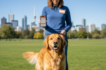 3-year-old golden retriever and a woman in a Toronto park with a PetCare360 scheduling app on a smartphone