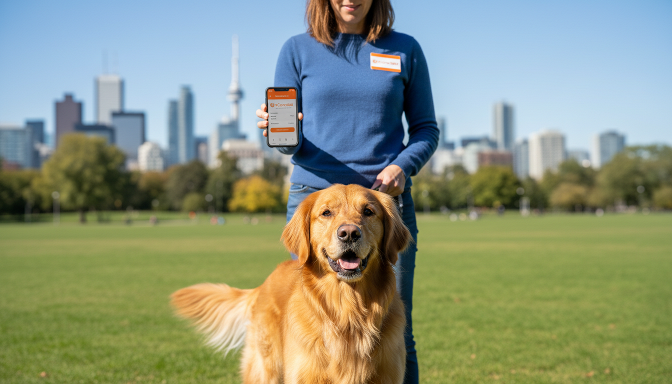 3-year-old golden retriever and a woman in a Toronto park with a PetCare360 scheduling app on a smartphone