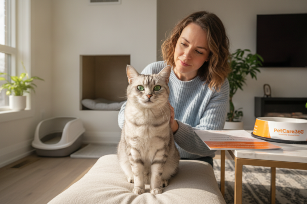 Domestic shorthair cat with green eyes and caring sitter in a cozy Toronto home with PetCare360 guide visible.